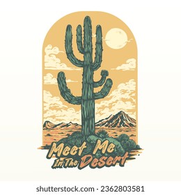 A graphic of a wild west desert landscape with a cactus and mountains in the background