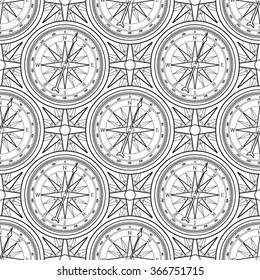 Graphic wind rose compass drawn in line art style. Nautical vector illustration. Coloring book page design for adults and kids