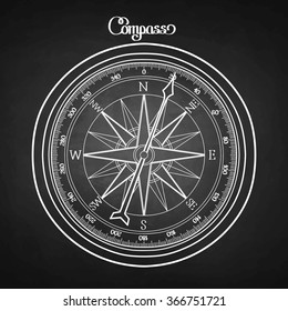 Graphic wind rose compass drawn in line art style. Nautical vector illustration isolated on chalkboard. Coloring book page design