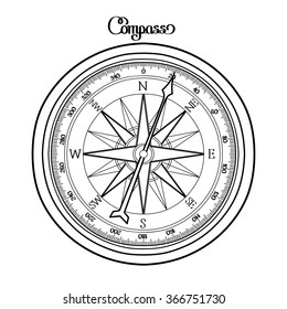 Graphic wind rose compass drawn in line art style. Nautical vector illustration. Coloring book page design for adults and kids