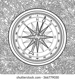 Graphic wind rose compass drawn in line art style. Nautical vector illustration. Coloring book page design for adults and kids