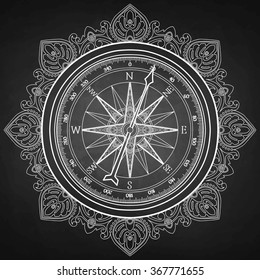 Graphic wind rose compass drawn in line art style. Nautical vector illustration isolated on chalkboard. Coloring book page design