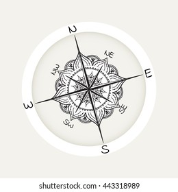 Graphic wind rose compass drawn with floral elements. Nautical vector illustration can be used for coloring book page design, tattoo template, business style, print on clothes or else.