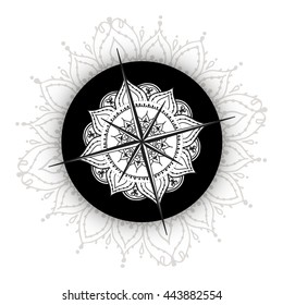 Graphic wind rose compass drawn with floral elements. Nautical vector illustration can be used for coloring book page design, tattoo template, business style, print on clothes or else.