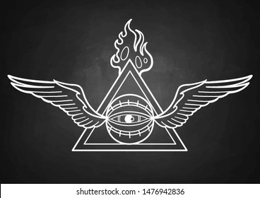 Graphic winged all-seeing eye with black falming triangle on background. Vector art for old school tattoo design