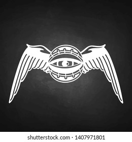 Graphic winged all-seeing eye. Vector art for old school tattoo design isolated on the chalkboard background. Coloring book page for adults and kids
