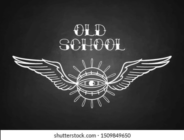 Graphic winged all-seeing eye. Vector art for old school tattoo design isolated on the chalkboard background