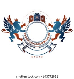 Graphic winged emblem with Brave Lion King and medieval castle. Heraldic Coat of Arms decorative logo isolated vector illustration.
