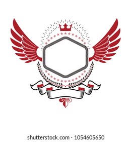 Graphic winged emblem composed with royal crown element, laurel wreath and luxury ribbon. Heraldic Coat of Arms decorative logo isolated vector illustration.