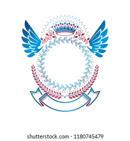 Graphic winged emblem composed with royal crown element, laurel wreath and luxury ribbon. Heraldic Coat of Arms decorative logo isolated vector illustration.