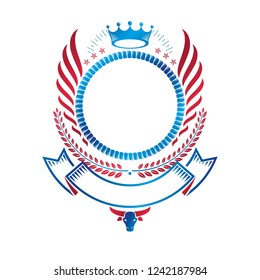 Graphic winged emblem composed with royal crown element, pentagonal stars and luxury ribbon. Heraldic Coat of Arms decorative logo isolated vector illustration.