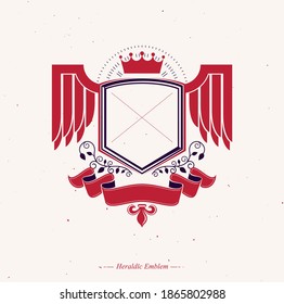 Graphic winged emblem composed with royal crown element and red ribbon.Heraldic Coat of Arms decorative logo isolated vector illustration.