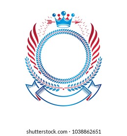 Graphic winged emblem created with ancient Crown and sharp spear. Heraldic vector design element decorated with ribbon. Retro style label, heraldry logo.