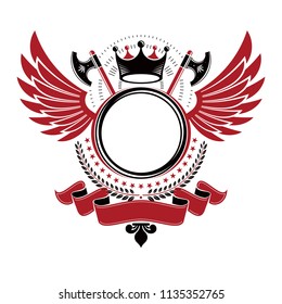 Graphic winged emblem created with ancient Crown and hatchets. Heraldic vector design element decorated with elegant ribbon. Retro style label, heraldry logo.