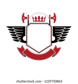 Graphic winged emblem created with ancient Crown and hatchets. Heraldic vector design element decorated with elegant ribbon. Retro style label, heraldry logo.