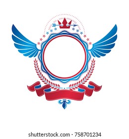 Graphic winged emblem created with ancient Crown and sharp spear. Heraldic vector design element decorated with ribbon. Retro style label, heraldry logo.