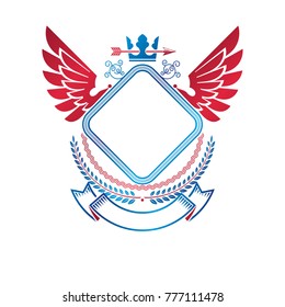 Graphic winged emblem created with ancient Crown and sharp spear. Heraldic vector design element decorated with ribbon. Retro style label, heraldry logo.