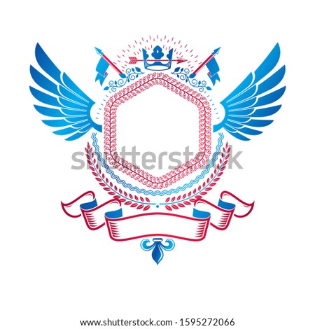 Graphic winged emblem created with ancient Crown and sharp spear. Heraldic vector design element decorated with ribbon. Retro style label, heraldry logo.