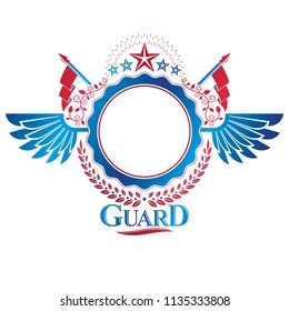 Graphic winged emblem created with blank copy space and different elements like star and flags. Heraldic Coat of Arms decorative logo isolated vector illustration.