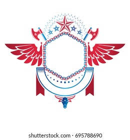 Graphic winged emblem created with blank copy space and different elements like star, hatchets and ribbon. Heraldic Coat of Arms decorative logo isolated vector illustration.