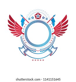 Graphic winged emblem created using pentagonal star and empty copy-space. Heraldic Coat of Arms, vintage vector logo.