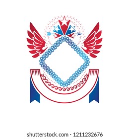 Graphic winged emblem created using pentagonal star and empty copy-space. Heraldic Coat of Arms, vintage vector logo.