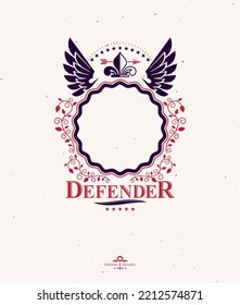 Emblema alado gráfico creado con el símbolo real Lily Flower, lanza y cinta decorativa. Logotipo decorativo del escudo heráldico de armas ilustraciones vectoriales aisladas.