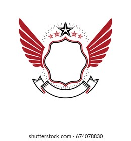 Graphic winged emblem created using pentagonal star and empty copy-space. Heraldic Coat of Arms, vintage vector logo.