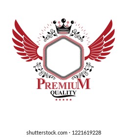 Graphic winged symbol composed with royal crown element and floral pattern. Heraldic Coat of Arms decorative logo isolated vector illustration.