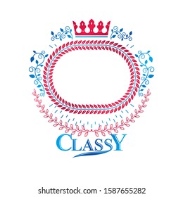 Graphic winged symbol composed with royal crown element and floral pattern. Heraldic Coat of Arms decorative logo isolated vector illustration.