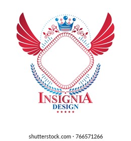 Graphic winged symbol composed with royal crown element and floral pattern. Heraldic Coat of Arms decorative logo isolated vector illustration.