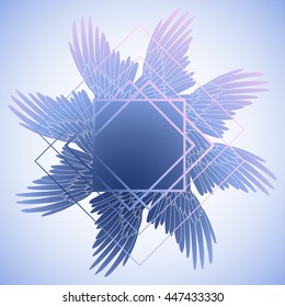Graphic wings drawn in line art style. Vector design in blue colors