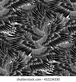 Graphic wings drawn in line art style, Vector seamles pattern in black and white colors