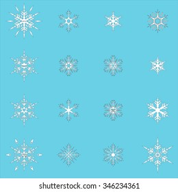 Graphic winter set of snowflakes on a blue background. Vector Illustration.