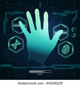 Graphic of a wireframe hand, technology hand scanning on health-care interface, health-care analysis with technology theme