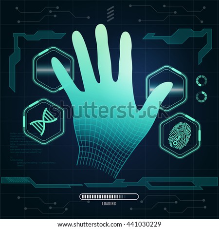 Graphic of a wireframe hand, technology hand scanning on health-care interface, health-care analysis with technology theme