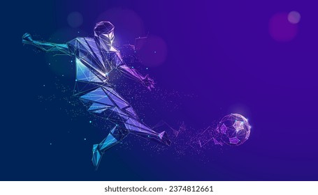 graphic of wireframe low poly soccer player shooting football