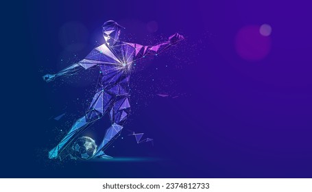 graphic of wireframe low poly soccer player dribbling football