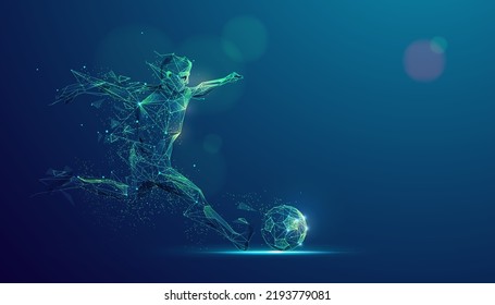 graphic of wireframe soccer player shooting ball with lighting effect