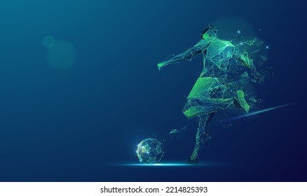 graphic of wireframe soccer player shooting ball with lighting effect