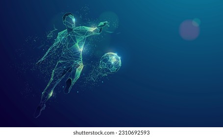 graphic of wireframe soccer player shooting ball with lighting effect