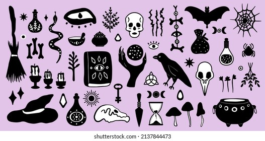Graphic witchcraft set. Collection of vector mystic magic doodle elements:skull,snake,potion bottles,crystal ball,spellbook,raven,herbs,bat,candle,knife,spider,mushroom,cauldron.Design for halloween.