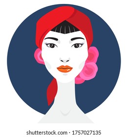Graphic woman portrait wearing red headband and pink rose.