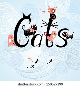 graphic word cats with funny cats on blue decorative background 