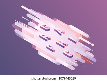 Graphic word isometric design - volumetric letters on violet gradient abstract background with fluid color shapes. Advertising and marketing poster or identity vector illustration.