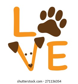 A graphic of the word love showing a dog paw and a dogs face