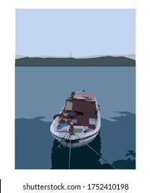 graphic work of anchored fishing boat at sea