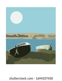 obra gráfica de un barco parado en el lago