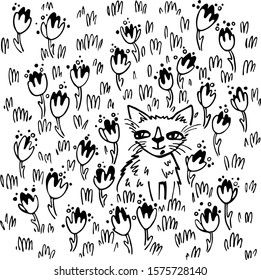 Graphic work. A Little and fluffy kitten sitting in wildflowers. 