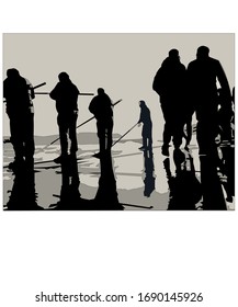 graphic work on people walking and fishing by the sea